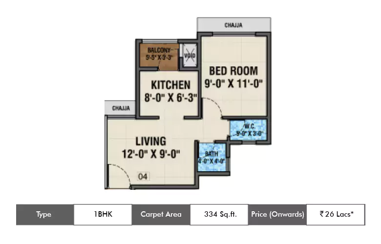 1 BHK-334 Sq.ft.