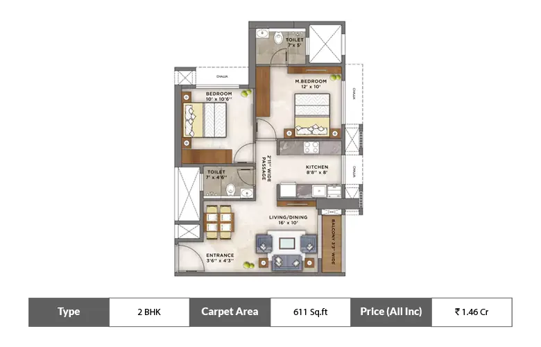 2 BHK-611  Sq.ft.