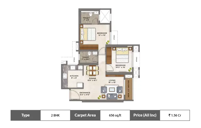 2 BHK-656  Sq.ft.