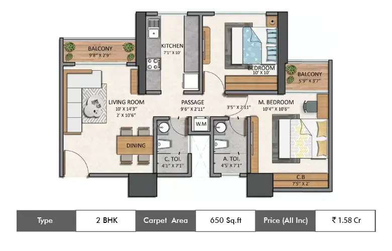 2 BHK-650 Sq.ft.