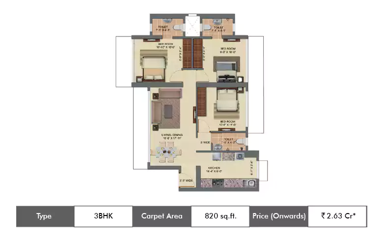 3 BHK-820 Sq.ft