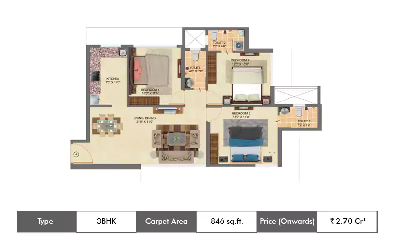 3 BHK-846 Sq.ft