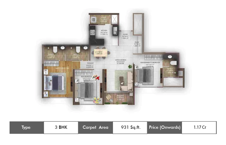 3 BHK 931 Sq.ft