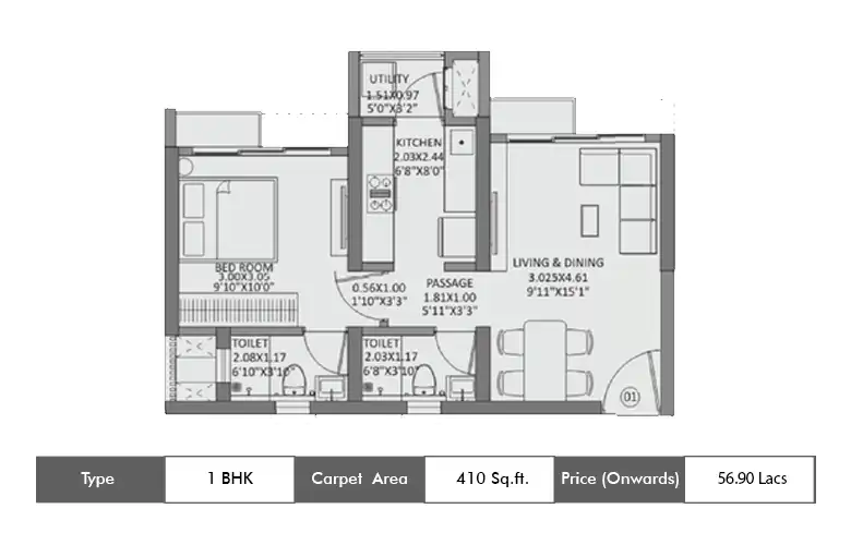 1 BHK-410 Sq.ft.