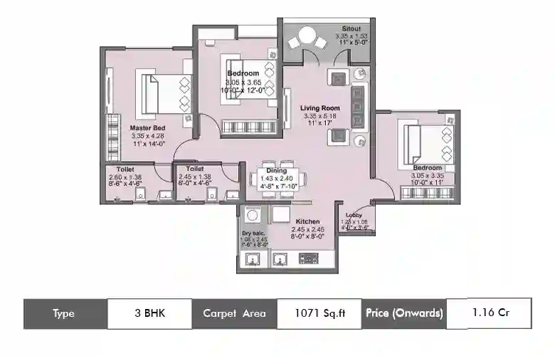 3 BHK-1071  Sq.ft