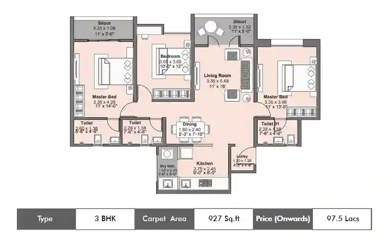 2 BHK-792  Sq.ft