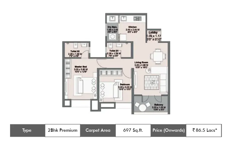 2 BHK Premium-697 Sq.ft