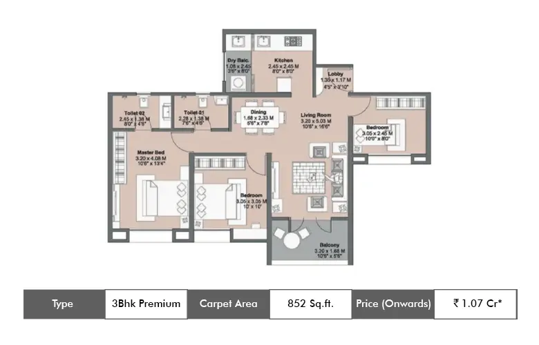 3 BHK Premium-852 Sq.ft.