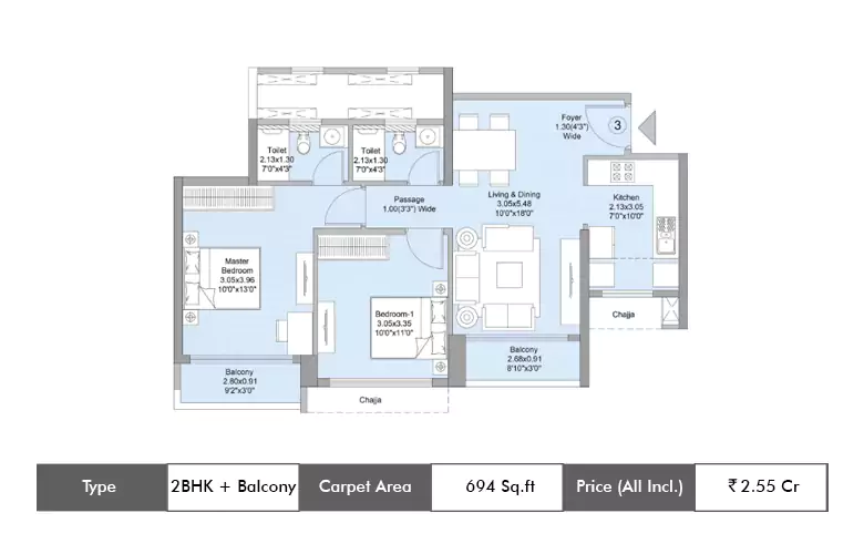 2 BHK-694 Sq.ft