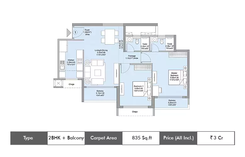 2 BHK-835 Sq.ft