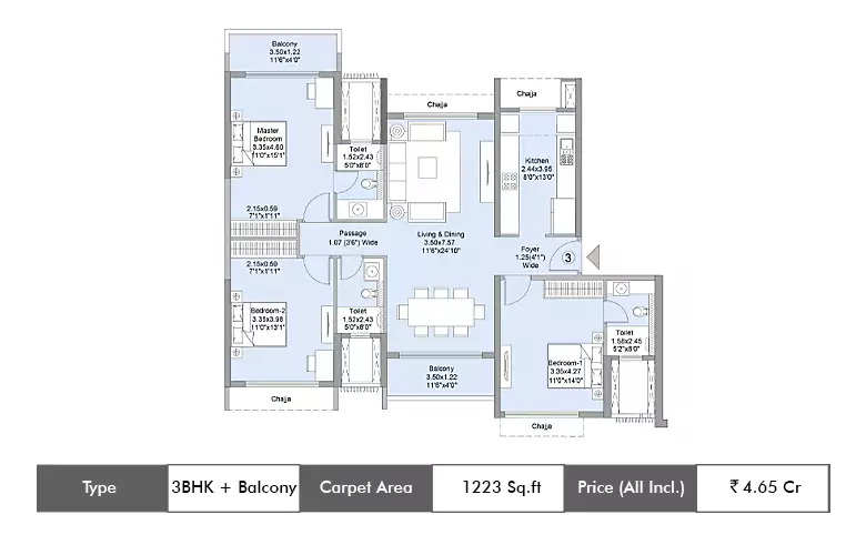 3 BHK-1223 Sq.ft