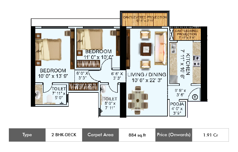 2 BHK-Deck-884 Sq.ft.