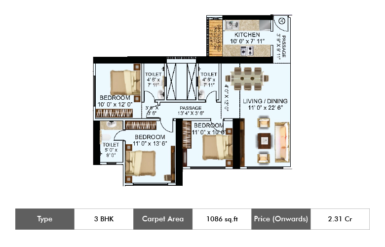 3 BHK-1086 Sq.ft.