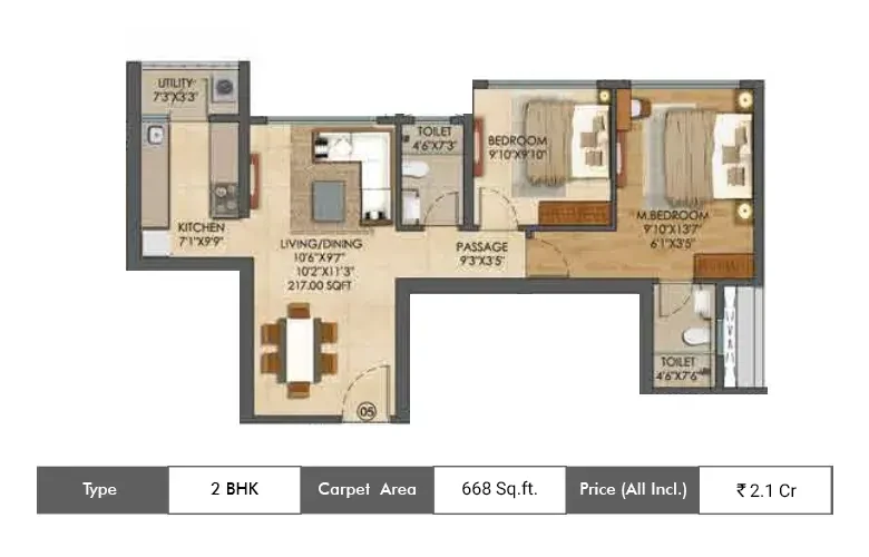 2 BHK 668 Sq.ft.