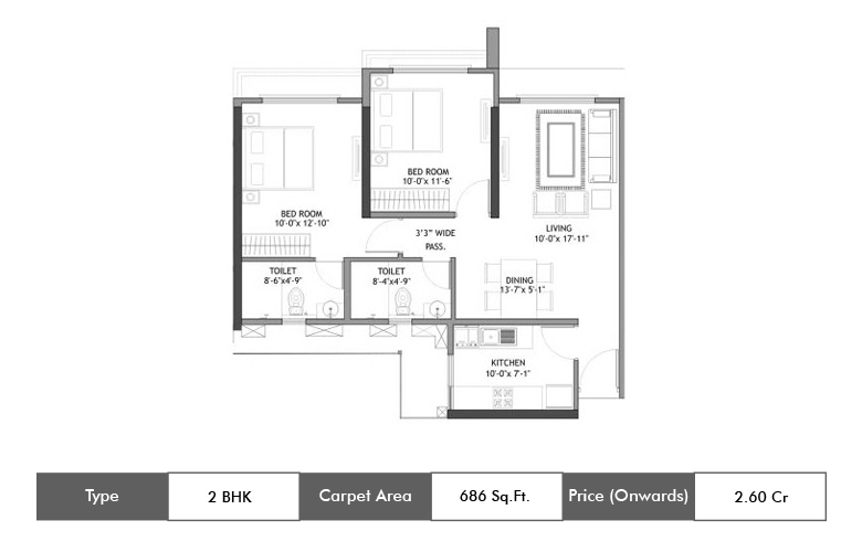 2 BHK-686 Sq.ft.