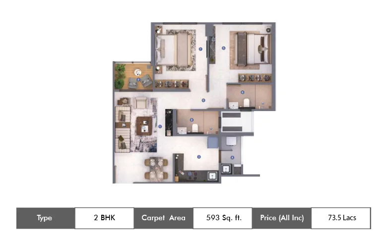 2 BHK 593  Sq.ft