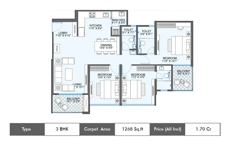 3 BHK-1268 Sq.ft