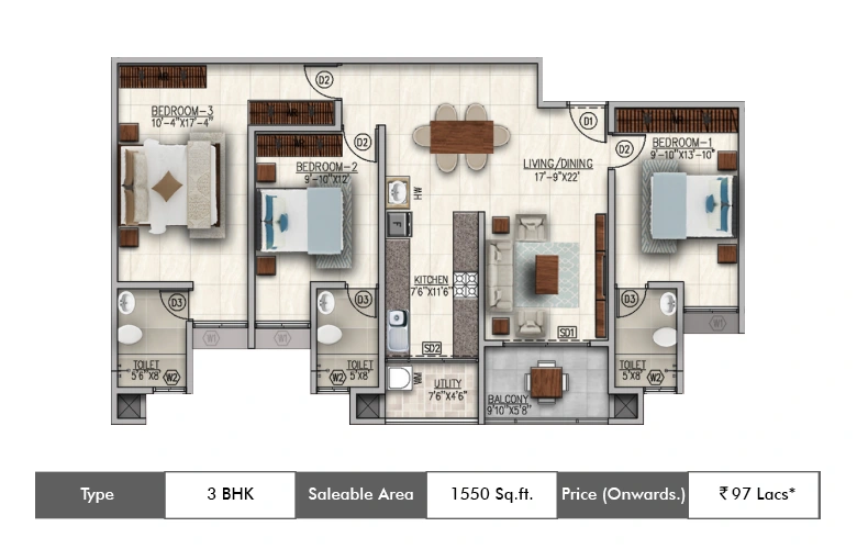 3 BHK-1550 Sq.ft